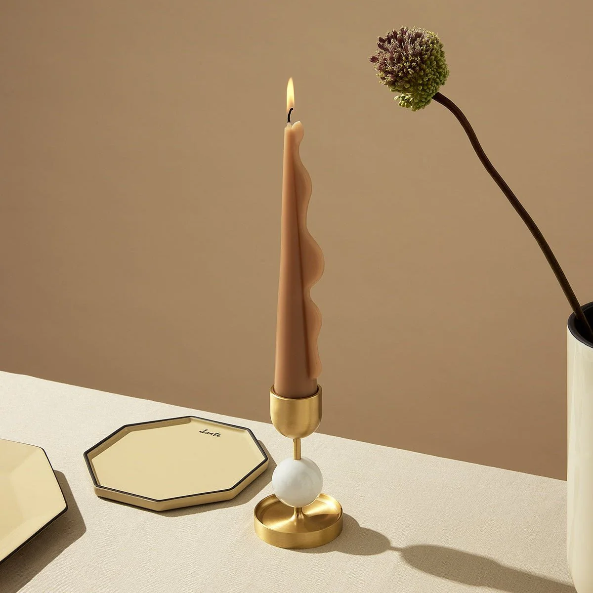 Beaded Fountain Brass Candle Holder - White Medium - Image 3