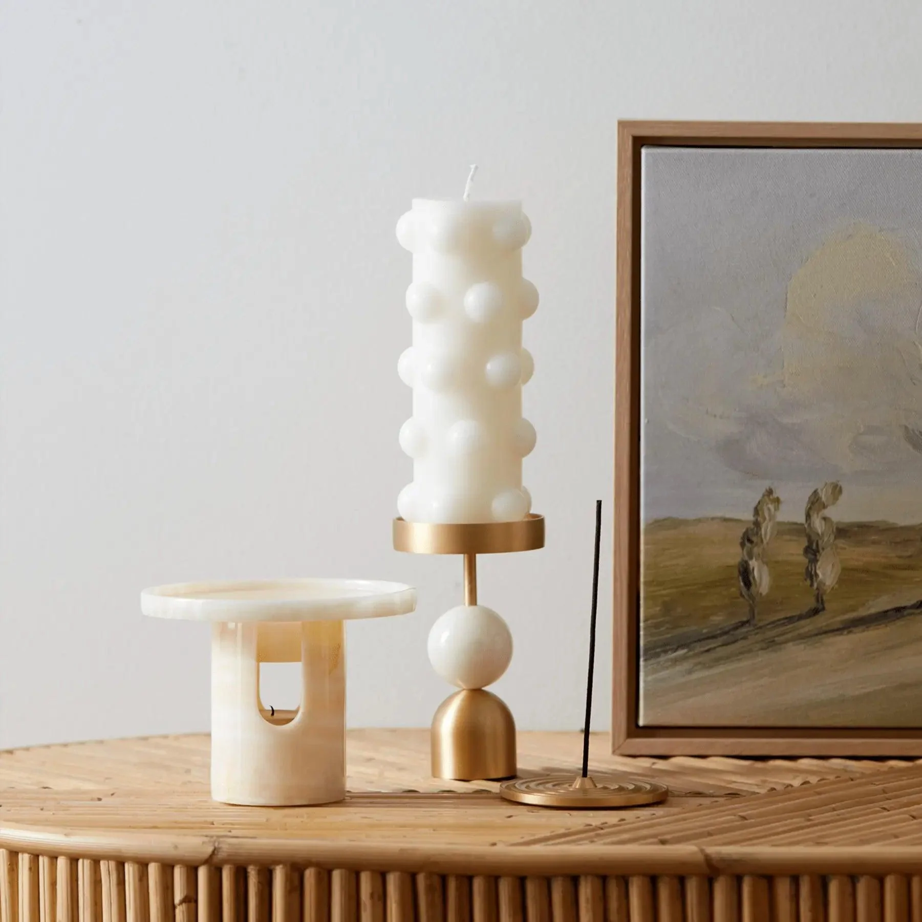 Beaded Fountain Brass Candle Holder - White Medium - Image 5